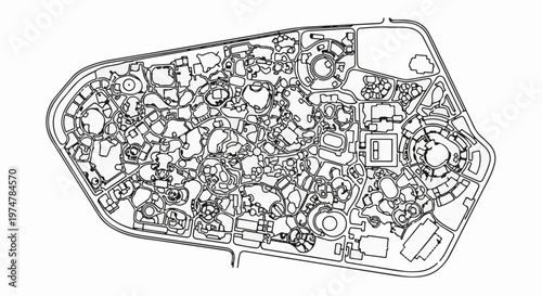 Black and white schematic map of a complex amusement park with many attractions