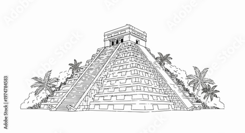 Ancient stone pyramid with steep stairs and surrounding tropical foliage