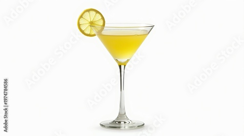 Lemon Cocktail in Martini Glass Isolated on White Background | Fresh Citrus Drink