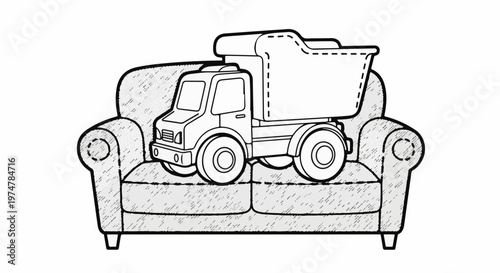 Stylized line drawing of a dump truck resting on a cushioned armchair