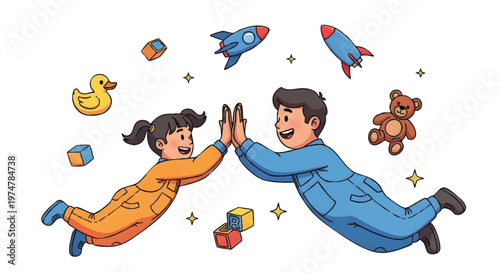 Happy children playing with toys, high five, joyful kids