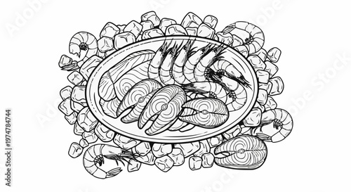 A detailed illustration of seafood and ice cubes on a platter