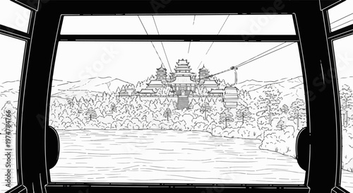 View from gondola cabin showing lake, forested mountains and traditional architecture