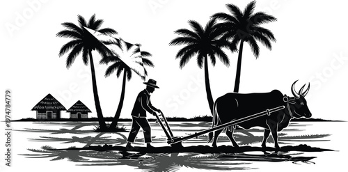 Farmer plowing field with ox silhouette in tropical village landscape, rural agriculture scene with palm trees and huts isolated on white background for farming design
