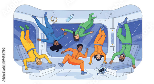 Astronauts floating in zero gravity space station interior