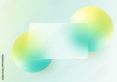 Glassmorphism horizontal banner with lime cyan gradient spheres on pale pastel background