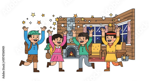 happy family celebrating christmas at home by fireplace