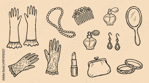Vintage fashion accessories collection including gloves, pearls, earrings, lipstick, perfume bottles, mirror, and coin purse, hand drawn sketch style