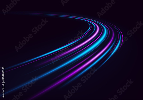 Fast light trails on an expressway with streaks and motion blur. Dynamic city street perspective with colorful neon flashes and flowing vehicle lights.
