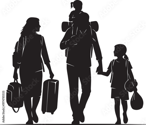 Family traveling with luggage silhouette vector isolated on transparent background, parents and children on a journey.