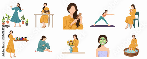 Flat Illustration Set of Woman in Daily Routine Activities and Relaxation