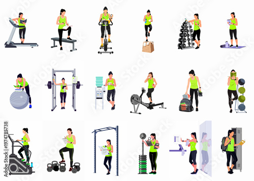 Collection of illustrations showing a woman multi-tasking by studying, reading, and working at the gym while exercising on various fitness equipment.