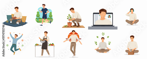 Simple Flat Lifestyle Young Man Activity Daily Life Illustration Set