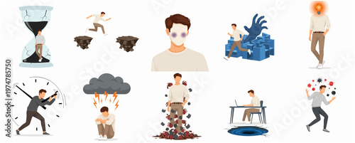Flat Design Depicting Stressful and Challenging Situations Facing a Person Illustration