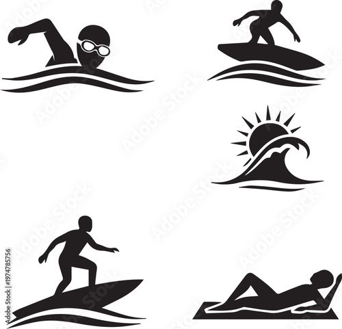 Collection of summer beach activity silhouettes including swimming surfing sunbathing and ocean waves with sun.