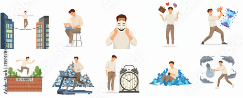 Flat Design Man Character Doing Different Activities Representing Career Challenges and Problems