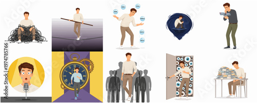 Diverse Character Concept Illustration Set Featuring Business Man in Various Situations