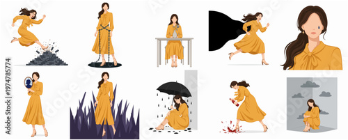 Flat Illustration Diverse Poses of Woman in Yellow Dress Character Design