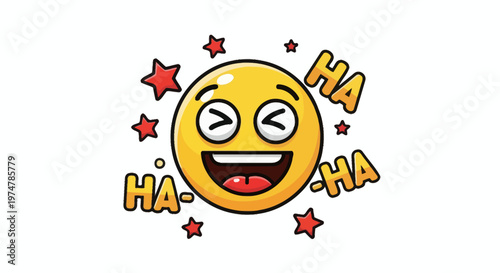 Vibrant yellow emoji burst with contagious laughter, surrounded by playful 'HA-HA' text and twinkling stars, symbolizing humor and amusement