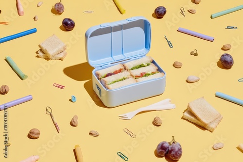 Light Blue Lunchbox Filled With Four Freshly Made Sandwiches Placed on a Yellow Background Surrounded by Grapes Cubes and Random Objects