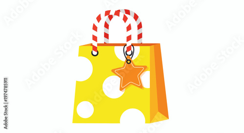 Festive yellow shopping bag adorned with playful white polka dots and a charming star charm, perfect for gifts and celebrations