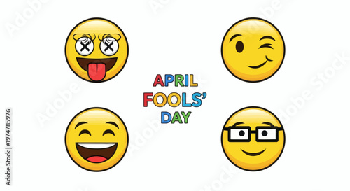 April Fools' Day celebration with playful emojis and festive text on white background