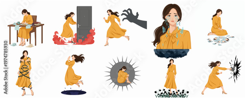 Conceptual Flat Illustration of Woman Experiencing Psychological Distress and Trauma
