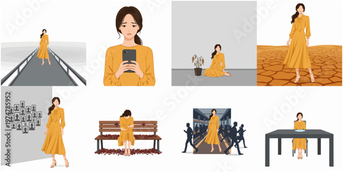 Elegant Flat Illustration of Depressed Woman with Yellow Dress in Various Scenes