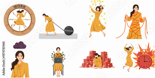 Flat Woman in Various Emotion and Condition Illustration about Life Crisis
