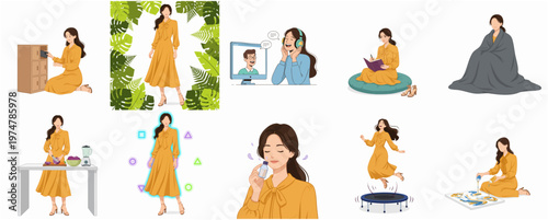 Flat Style Illustration of Woman in Various Activities, Home Lifestyle