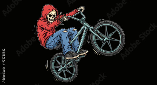 Skeleton riding a BMX bike doing a wheelie, illustration of extreme sport and a spooky character