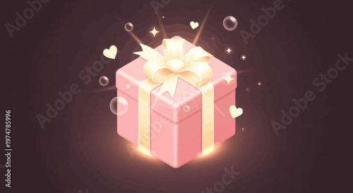 A glowing pink gift box with ribbon and bow, surrounded by sparkles, hearts, bubbles, symbolizing joy, celebration, and surprise for cherished moments