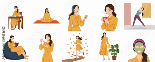 Illustrated Woman Relaxing and Enjoying Her Time At Home Lifestyle Icon Set