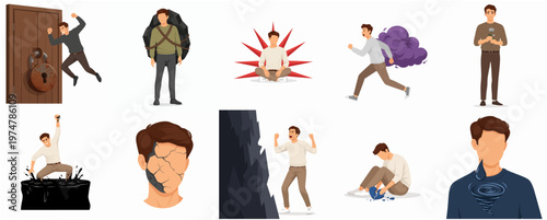 Modern Flat Man Character Facing Challenges and Emotions Illustration Set
