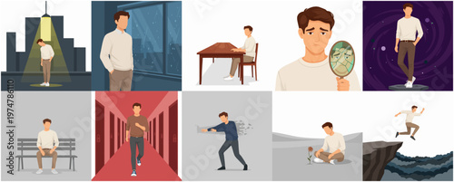 Stylized Man in Various Situations Illustration Depicting Different Moods and Scenarios