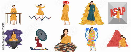 Colorful Flat Illustration of Business Woman Overwhelmed with Workload Concept