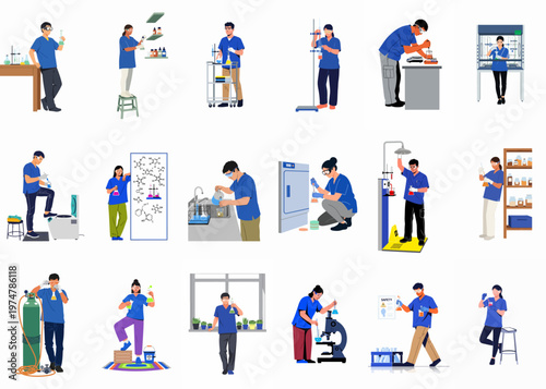 Large set of diverse scientists and laboratory workers performing experiments and maintaining safety protocols in a professional research lab environment.