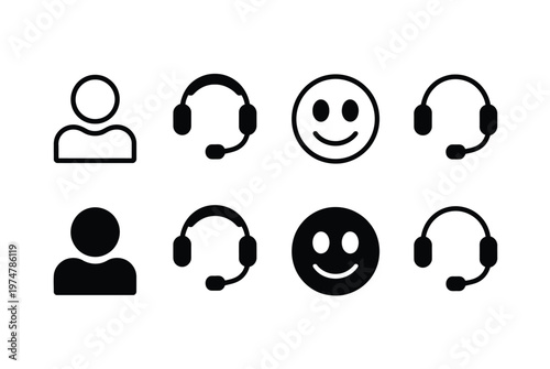 Customer support icons user headset symbols solid outline styles modern flat vector illustration