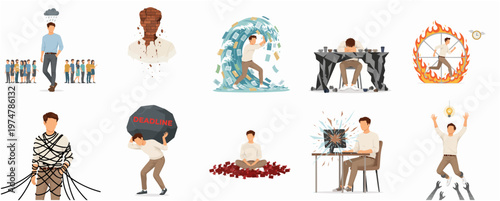 Flat Illustration Of Human Condition Depicting Emotion, Business, and Financial Challenges