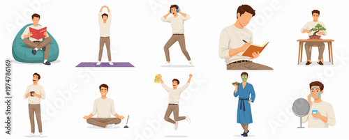 Flat Illustration Man in Various Activities and Self Care Lifestyle Category