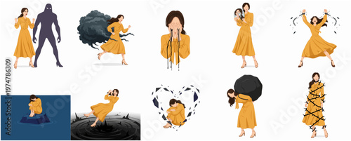 Illustration of Woman in Various Emotional States and Life Challenges Collection