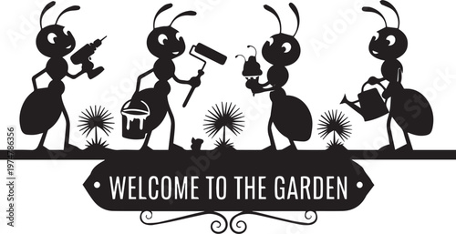 Cartoon ants working in garden holding tools like drill paint roller and watering can near welcome to the garden sign silhouette.