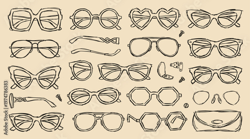Collection of vintage and modern eyeglasses and sunglasses in various styles and shapes hand-drawn sketch on a neutral background