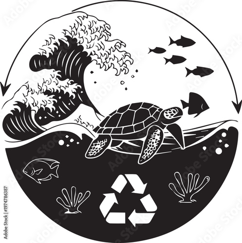 Circular ocean recycling symbol featuring sea turtle swimming among fish and waves with universal recycle icon at bottom center.