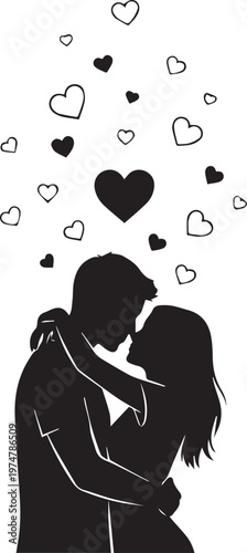 Romantic couple silhouette embracing under falling hearts symbolizing love and affection.