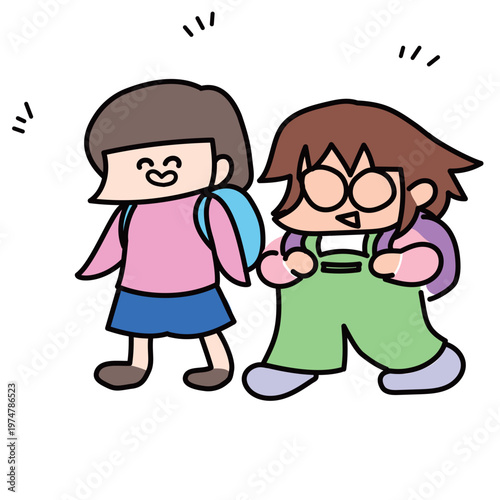 リュックでのんびり登校するおっとり女の子小学生とめがねの友だち