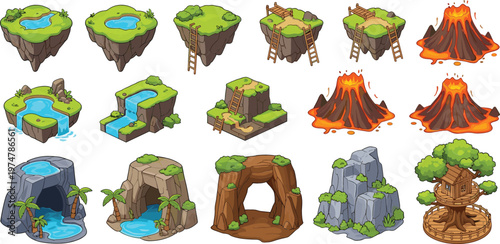 Cartoon Floating Islands Volcano Waterfalls Caves and Fantasy Nature Elements for Game Environment Illustration Set