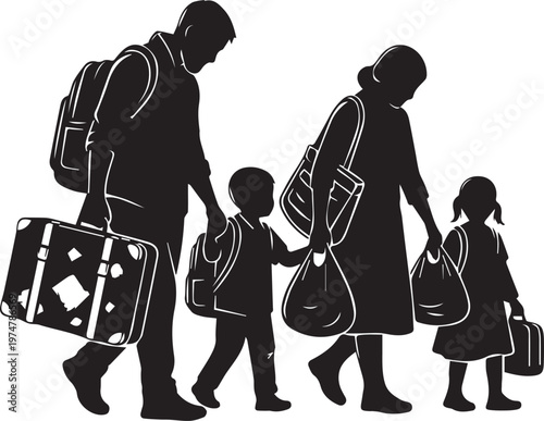 Family silhouette with luggage traveling together symbolizing journey and migration.