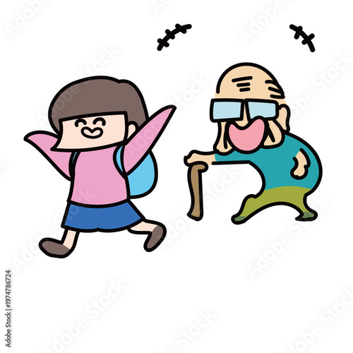 リュックでのんびり登校するおっとり女の子小学生とおじいちゃん