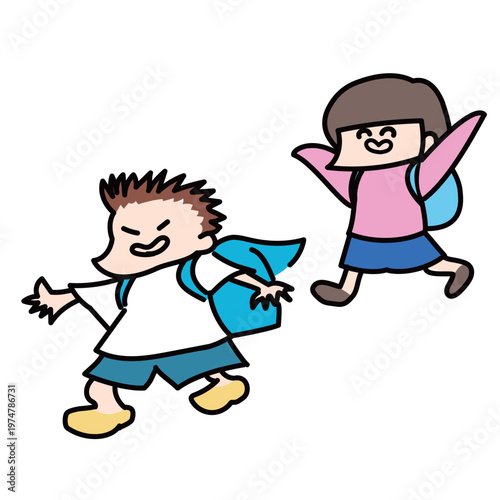 リュックでのんびり登校するおっとり女の子小学生と元気な友だち